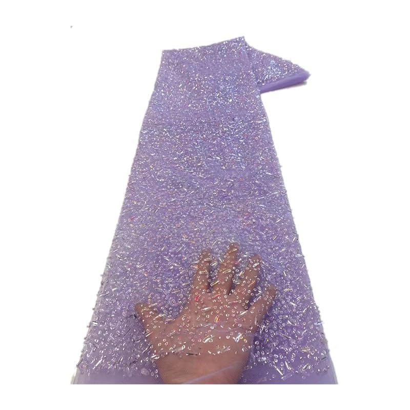 Tissu à paillettes violet anti-effilochage brodé perles pour robe mariée 5 Yards