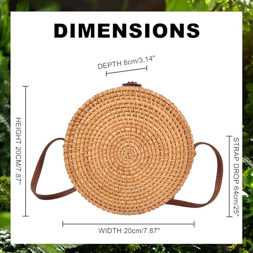 Women Round Rattan Purse Set - Woven Straw Basket Crossbody Bag with 2 Pairs Rattan Earring, Summer Boho Beach Handbag Tote2