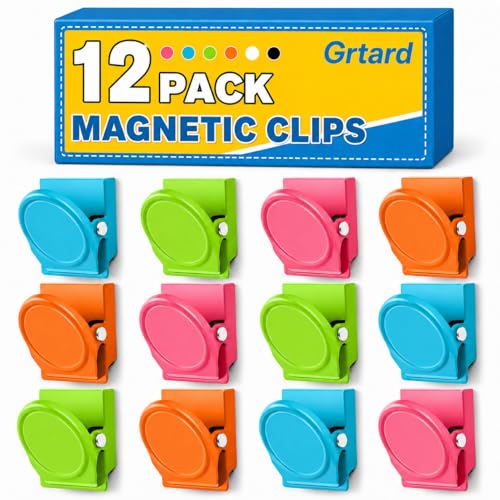 Grtard 12 Pack Magnetic Clip 1.8Inch, Colorful Refrigerator Clip Magnets, Clip with Magnet, Heavy Duty Refrigerator Magnets, Magnet Clips for Whiteboard, Fridge, Note List, Photo Displays, Locker