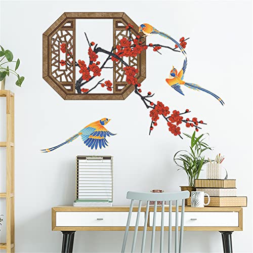 Rofarso Chinese Style Window Red Plum Flowers Tree And Bird Wall Stickers Removable Large Wall Decals Art Decorations Decor For Bedroom Living Room Office Study Room Murals #TOP1