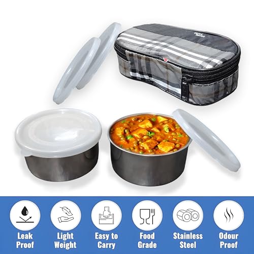 Image of Taxton Stainless Steel Lunch Box with 2 Containers and Insulated Carry Bag, Checkered Pattern, Plastic Lid (Black Grey)