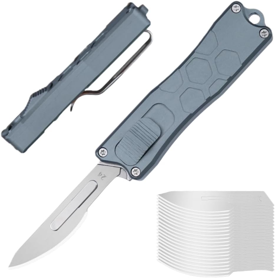 Automatic Utility Knife, Aviation aluminum HandlePush Button EDC portable utility retractable knife BoxCutter Scalpel Pocket Knife With Clip, 20Pcs ReplacementBlades(Dark Grey)