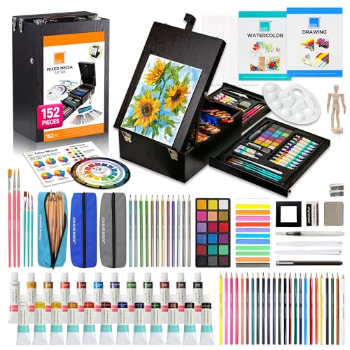 COLOUR BLOCK 152 Wooden Easel Art Supplies Set, Professional Painting and Drawing Kit with Acrylic Paints, Watercolor Paints, Sketch Pad, and Pencils for Adults and Mixed Media Artists