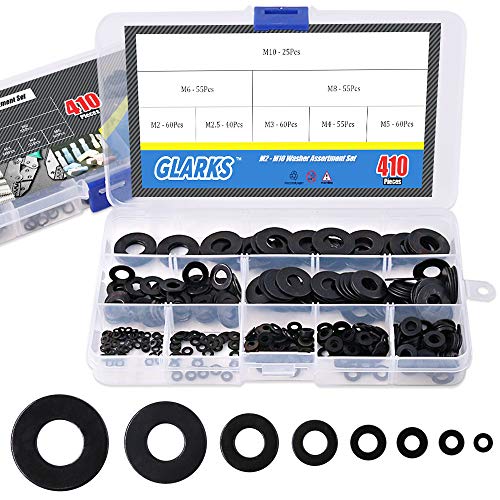 Glarks Assortiment de 410 rondelles plates métriques M2 M2,5 M3 M4 M5 M6 M8 M10 en alliage plaqué zinc noir