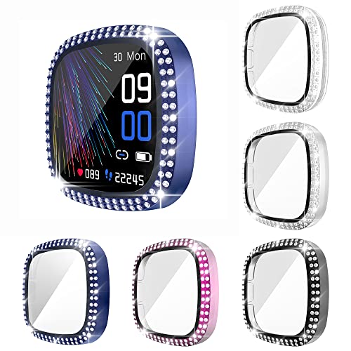 [5-Pack] RICHONE Compatible with Fitbit Sense and Versa 3 Watch Case, Bling Diamonds Cover with 3D Tempered Glass Screen Protector Bumper (Clear+Black+Silver+Purple+Navy Blue)