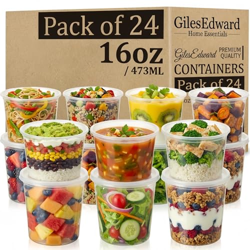 24 Pack 16oz Soup Containers with Lids Large Plastic Food Storage Tubs for Batch Cooking Leakproof Reusable Deli Pots Freezer & Microwave Safe BPA Free Meal Prep Containers for Curry Stew & Soup