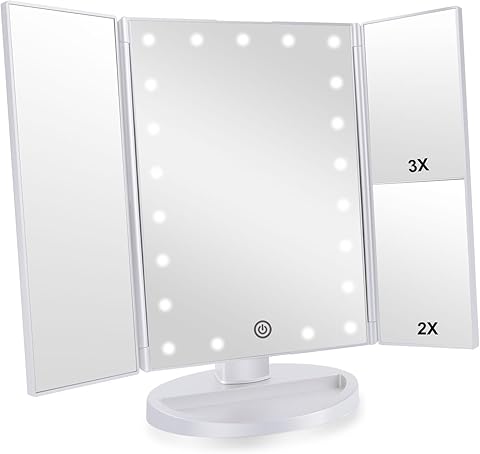 Espejo de Maquillaje Tríptico con Aumento 1x, 2X, 3X, Espejo Cosmético Pantalla Táctil en Iluminacíon 21 Led, Adjustable 180º (Blanco)