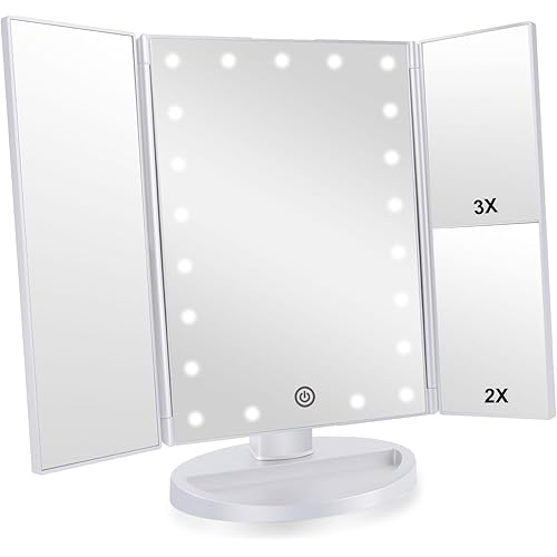Trifold Makeup Mirror Vanity Mirror with Lights,1X 2X 3X Magnification,Touch Screen,180 Adjustable Rotation,Portable Travel Bathroom Cosmetic Mirror