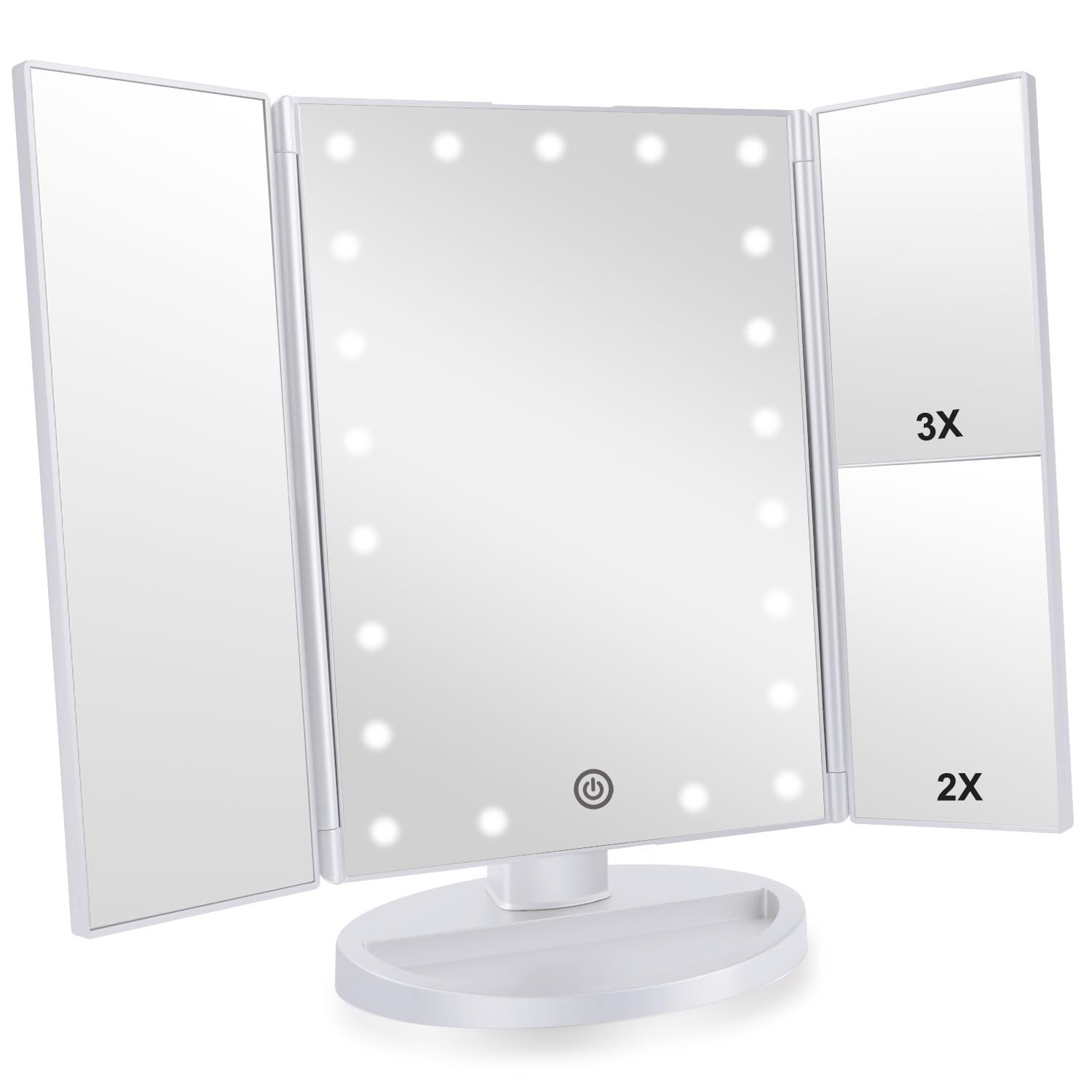Trifold Makeup Mirror Vanity Mirror with Lights,1X 2X 3X Magnification,Touch Screen,180 Adjustable Rotation,Portable Travel Bathroom Cosmetic Mirror