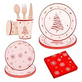 Set di stoviglie natalizie usa e getta da 112 pezzi, rosso e bianco, per 16 ospiti, fiocchi di neve, albero di Natale, ornamenti natalizi stampati bicchieri di carta, piatti, tovaglioli e posate in