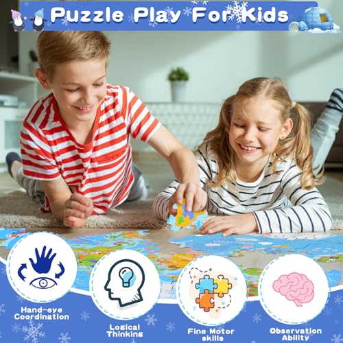 Puzzle Weltkarte Kinder ab 3-8 Jahre, 71 Teile Große Rundes Puzzle für Jungen Mädchen, Weltkarte Kinderpuzzle ab 3 Jahre, Geschenke für Kinder Bodenpuzzle