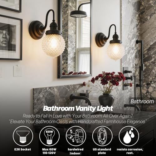 Image of Black Wall Sconce Farmhouse Bathroom Vanity Light,Clear Glass