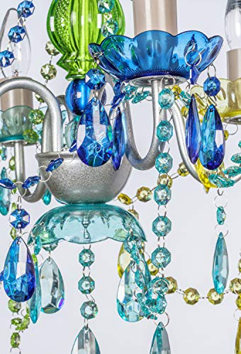Image of gypsy color The Original Brink House Plug-in 4 Light Blue Green Hanging Swag Chandelier H17.5 inchxW15 inch, Silver Metal Frame with Blue Green Glass Stem and Acrylic Crystals