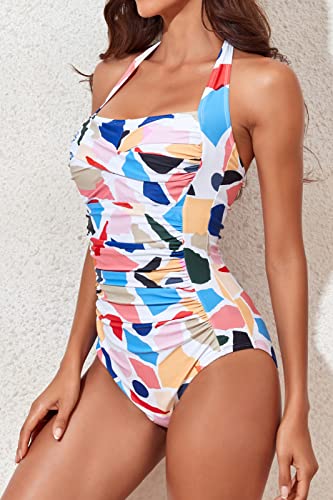 Image of Smismivo Tummy Control Swimwear Halter One Piece Slimming Vintage Retro Swimsuit Womens Ruched Push Up Bathing Suit