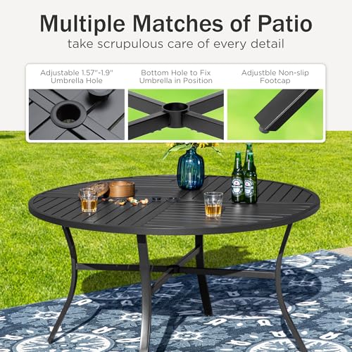 PHI VILLA Outdoor Round Dining Table for 4, 42" Large Metal Wrought Iron Table with Umbrella Hole, All Weather Dining Furniture for Patio, Deck, Yard, Porch - Black - Image 6