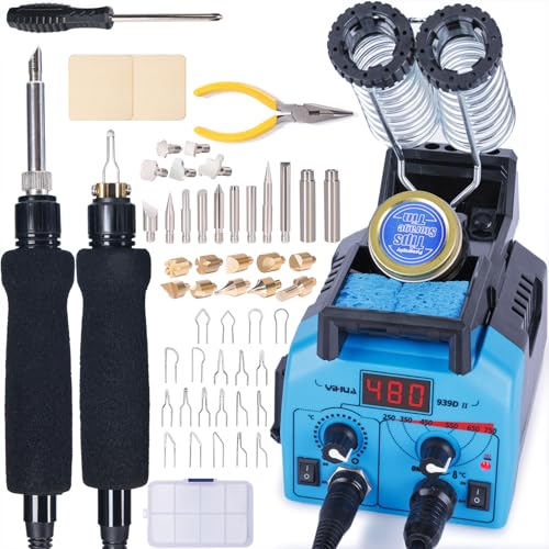 YIHUA 939D-II Pyrography Pen Wood Burning Kit Station 2-in-1 Solid-Point 200~480°C (with Temp Display)/Wire-Nib 250~750°C with 20 Nibs, Solid Points, 1 Stable Pen Holder, 2 Scrap Wood (Blue)
