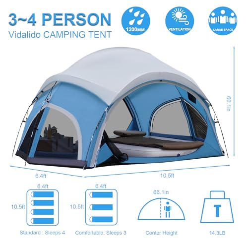 Image of Vidalido 3-4 Person Camping Tent with 2 Large Mesh Door 4 Mesh Window Family Tents, Double Layer Waterproof Portable Easy Setup Camp Tent, Canvas Dome Tents for Camping Outdoor Hiking and Backpacking