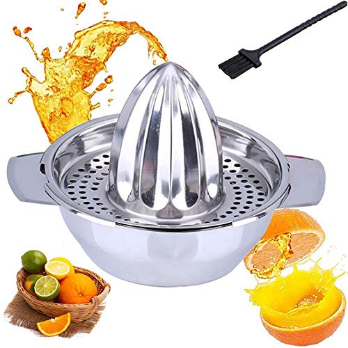 Zitronenpresse Edelstahl mit Behälter Zitruspresse, FeelGlad Manuelle Saftpresse Limettenpresse Fruchtpresse, Ø 9.5 cm 300ml Spülmaschinengeeignet, für Zitronen Orangen, Limetten(mit Reinigungsbürste) Cover