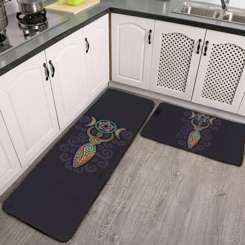 YouTary Wicca Wiccan Triple Moon Gaia Pattern Kitchen Rug Set 2 PCS Floor Mats Washable Non-Slip Soft Flannel Runner Rug Doormat Carpet for Kitchen Bathroom Laundry