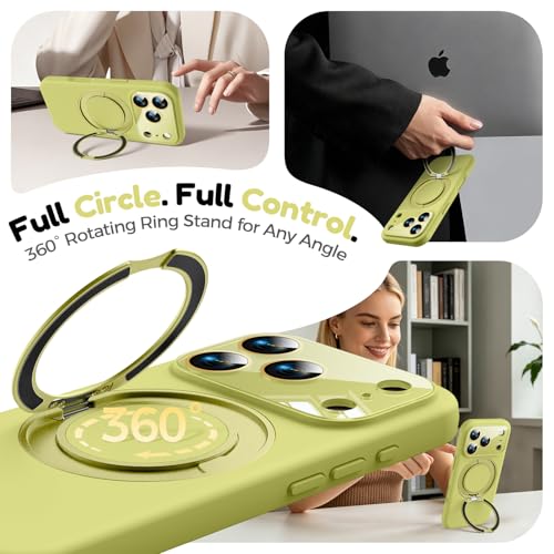 Image of Silicone 360 Spin Magnetic Stand Case for iPhone 17 Pro Max, [Compatible with Mag-Safe][Reinforced Hard Camera Protection] Liquid Silicone Rubber Phone Cover with Ring, Camera Button, Butter Yellow