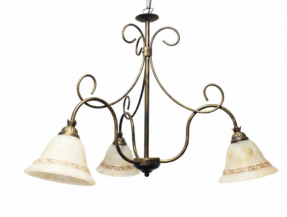 Generico Lampadario in ferro battuto a 3 Luci Stile Classico Rustico con vetri ambra Greca-3L