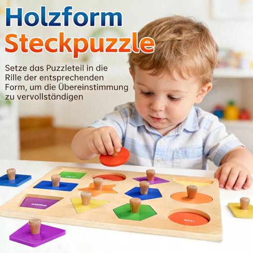 SYHLN Montessori Spielzeug holzpuzzle ab 1 2 3 Jahr, Greifpuzzle Steckpuzzle Sortierspiel fur Madchen Jungen Kinder 12-36 Monate, Geschenk fur Ostern Geburtstag Weihnachten
