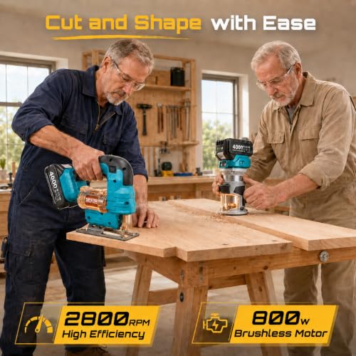 Image of SEESII Cordless Jigsaw and Wood Router Tool for Combo Kit | with Batteries and Charger, Brushless, Aluminum Palm Router, 0-45 Bevel Jig Saw, Adjustable Speed for Cutting & Trimming
