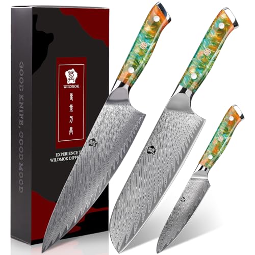 WILDMOK cuchillos de cocina de Damasco, juego de cuchillos de chef, cuchillos de cocina de hoja forjada de acero de acero afilado con mango de resina ergonómica