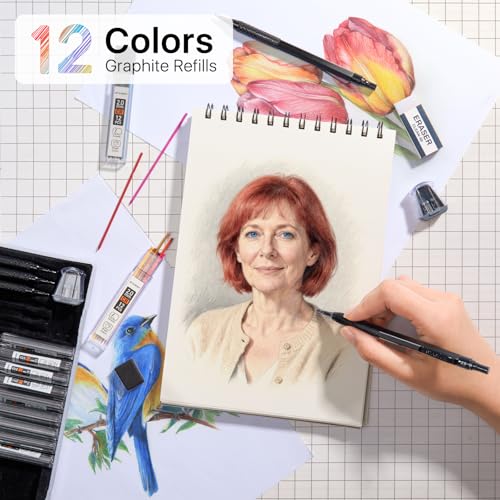 Image of STAGEEK 35PCS Black Art Mechanical Pencil Set in Case,0.5 0.7 0.9 2.0 Graphite Metal Drawing Drafting Pencils, Sharpener Erasers 384PCS Lead Refills (6B 4B 2B HB 2H 4H Colors) for Writing Sketching
