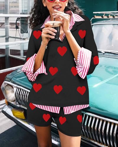 Image of Tankaneo Womens Sweater Set 2 Piece Outfits Oversized 3 /4 Sleeve V Neck Knit Tops High Waisted Shorts Lounge Sets