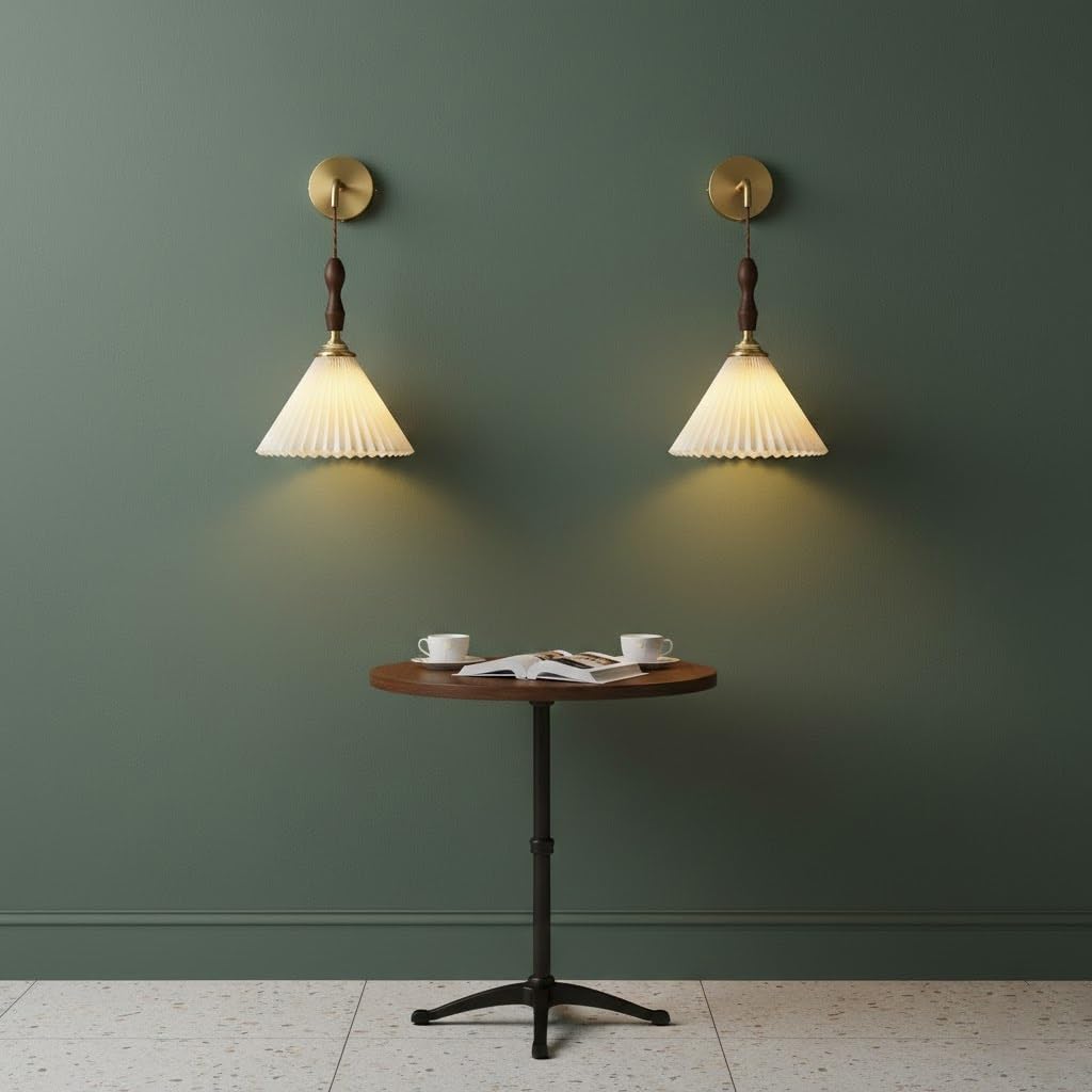 Reading Wall Sconce, Pleated Fabric Wall Lamp, Walnut Brass Bedside Wall Light for Bedroom, Living Room, Hallway, Entryway, Corridor, Foyer, Mid Century Fixture, Loft, Lobby Parlor(Large)