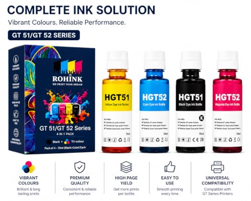Image of ROHINK GT51 GT52 Ink Refill Dye Ink Compatible with HP Ink Tank 115, 310, 315, 319, 410, 415, 416, 419, 455, 500, 515, 530, 615, GT 5810, GT 5811, GT 5820 (70ml X 4color Set)