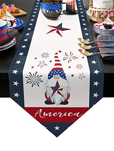 Independence Day 4Th Of July Table Runners Gnome Hold American Flag Tablecovers For Kitchen Garden Patriotic Usa Flag Day Fireworks Wedding Parties Dinner Indoor Outdoor Home Decoration 13X72 Inches #TOP29