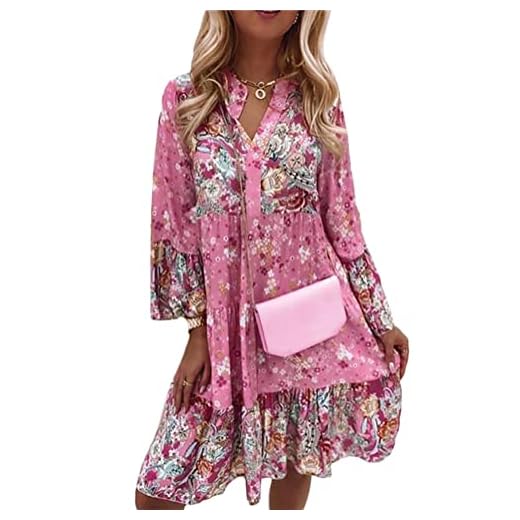 ORANDESIGNE Damen Kleider Strandkleid Boho Tunika Sommerkleid V-Ausschnitt Blumenkleid Lose A-Linie 3/4-Arm Tunika Mini Kleider X10 Rosa XXL