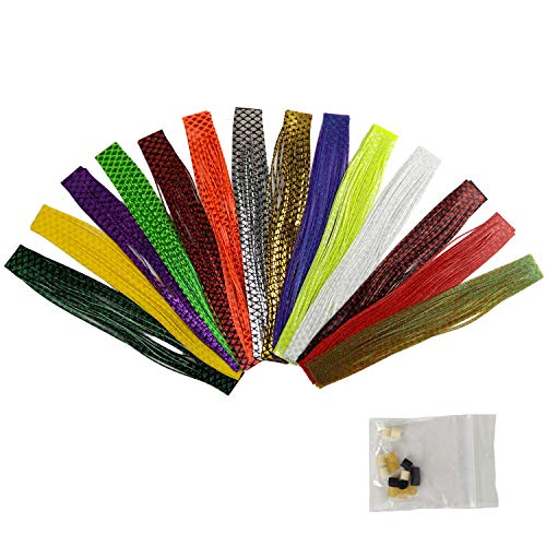 Riverruns Fishing Jig Lures Mixed Colors DIY Silicone Skirts for Jig Lures, Regular Skirt Collars Included Fly Tying Material(D: 28pc Natural's Scales and SIL-A-Chrome Skirt Material Combo)