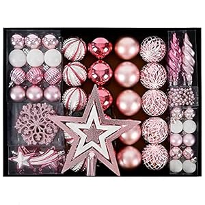 YILEEY Weihnachtskugeln Weihnachtsdeko Set Rosa 88 STK in 19 Farben, Kunststoff Weihnachtsbaumkugeln Box mit Aufhänger…