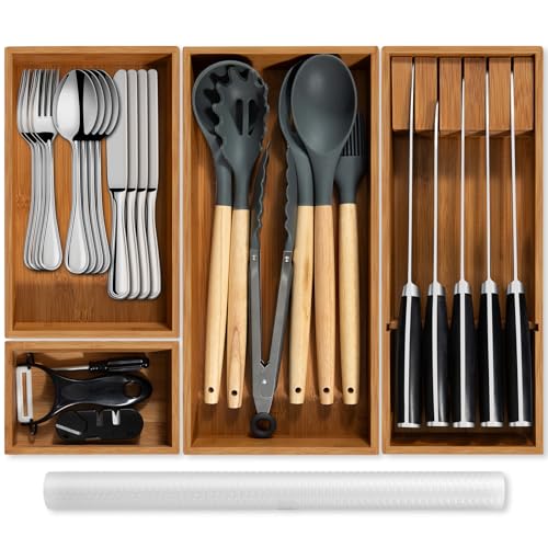 Piklohas Carbonized Bamboo Kitchen Silverwar Drawer Organizer