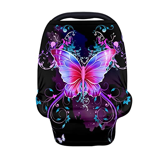 Huiacong Purple Butterfly Infant Car Seat Cover Girls Car Seat Canopy Purple,Nursing Covers For Breastfeeding Scarf Soft Stretchy Infant Stroller Cove