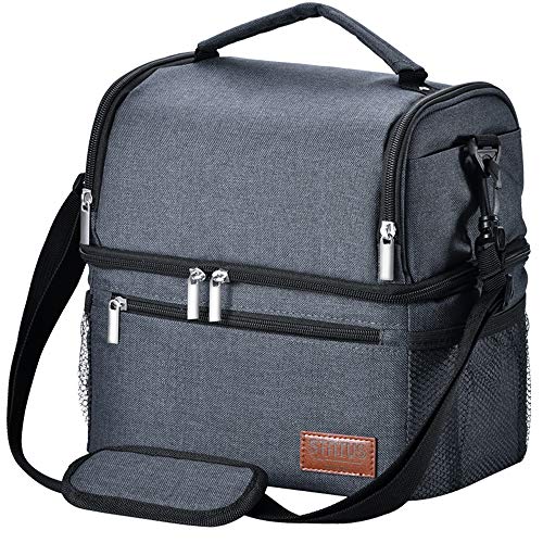 Lunch Box, STNTUS Lunch Bag, Insualted Lunch Box for Men Women, Leakproof Cooler Bag, Adult Lunchbox for Meal Prep, Large Lunch Tote with Dual Compartment, Lunch Cooler (Black without Ice Pack)