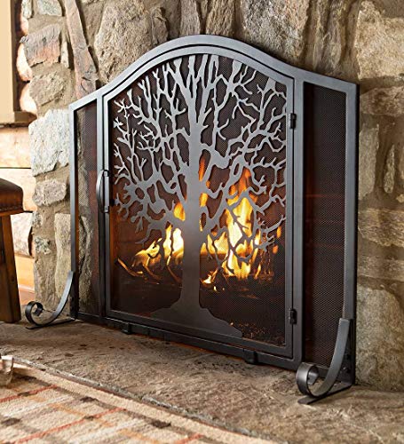 Plow & Hearth Metal Fireplace Screen Tree of Life Black | 38' W x 31' H | Magnetic Hinged Door |...