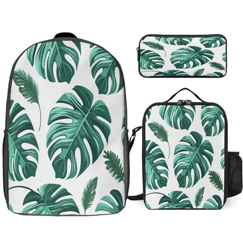 Printed Backpack With Lunch Pack Storage Box Case Cyan Palm Leaves 3pcs Lightweight Travel Backpack