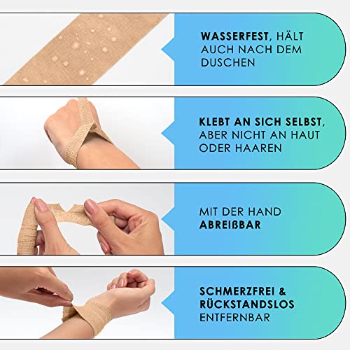 Health Press Fingerpflaster Selbsthaftend – 4x Pflaster Rolle (2,5cm x 4,5m) – Verband Selbstklebend – Elastisches Tape wasserfest – Staub-, Fett- & Schmutzabweisendes Pflasterband (Beige, 4 Rollen)