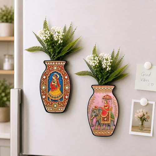 Image of Regalo Casila Magnetic Artificial Flower Vase Fridge Magnets Set of 2 Rajasthani Folk Art Royal Elephant Traditional Indian Refrigerator Kitchen Home Office Decor Housewarming Gift
