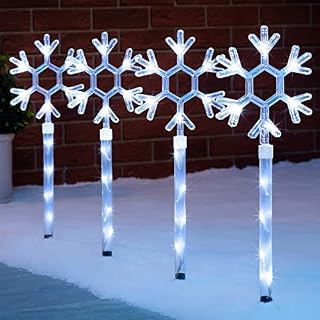 CHRISTOW Snowflake Path Lights, Outdoor Christmas Stake Decorations, Flashing White LED Pathway Decorations, Battery Operated with Timer (Set of 4 x 44cm)