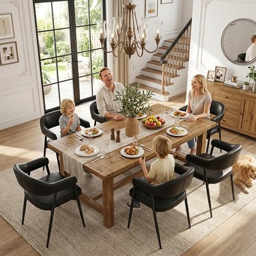 Image of HNY Modern Dining Room Arm Chairs Set of 6, Retro Faux Leather Upholstered Barrel Dining Chairs with Arms Mid-Century Black Accent Chair with Metal Legs, Open-Back Kitchen Side Chair for Living Room