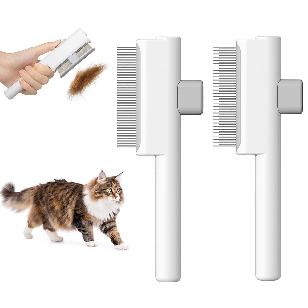 Marchul 2Pcs Cat Comb Dog Combs Set, Self-Cleaning Flea Comb for Cats and Dogs, Cat Grooming Brush with Release Button and Stainless Steel Metal Round Teeth for Removing Matted & Loose Fur (White)
