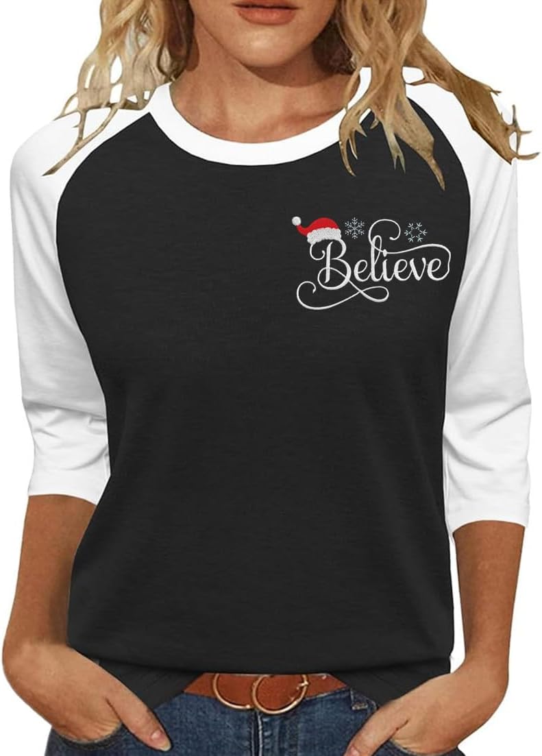 Christmas Shirts for Women Merry and Bright Believe Embroidered 3/4 Sleeve T-Shirts Hoilday Raglan Tops
