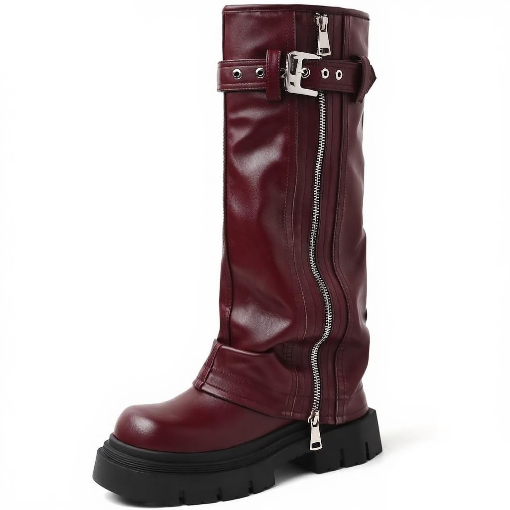 YIYA Womens Platform Fold Over Biker Knee High Boots Belt Buckle Square Toe Chunky Heel Zipper Tall Motorcycle