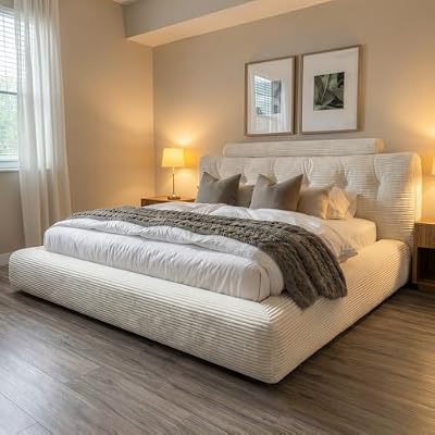 Homkdom Cloud Bed Frame,Upholstered Soft King Size Bed Frame with Button Design Headboard,Round Corner Design for Bedroom,Sturdy Support, No Box Spring Needed, Beige,Corduroy