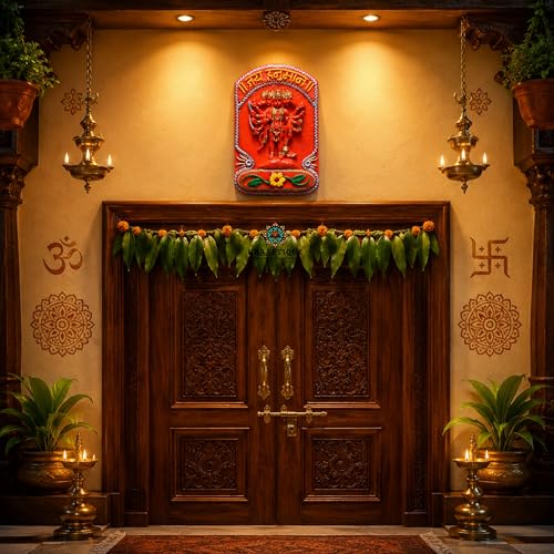 Image of Sindoori Panchmukhi Hanuman Wall Hanging Idol for Home Decor | Marble Dust Hanuman Ji Murti for Pooja Room Temple Entrance Vastu Gift | Orange Glossy Finish